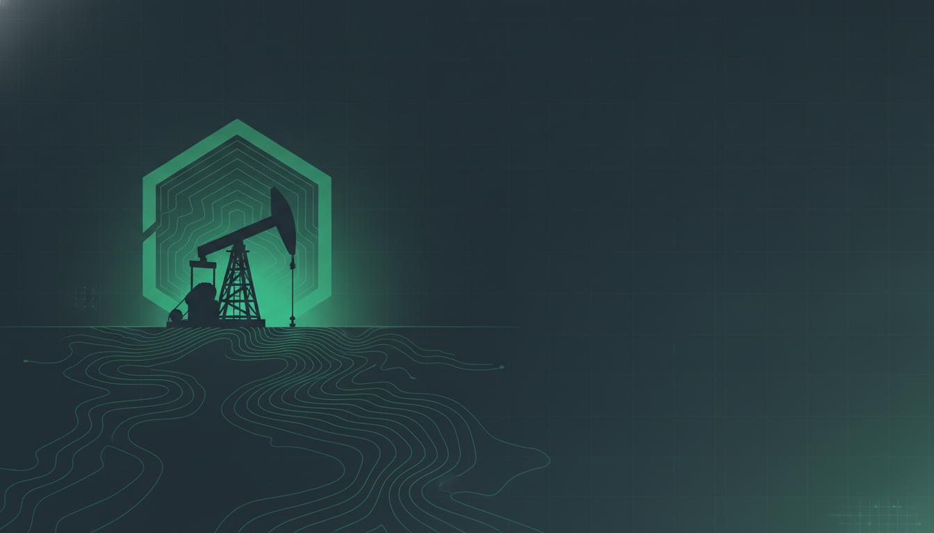 A lone pumpjack silhouette at dusk dissolving into contour lines.