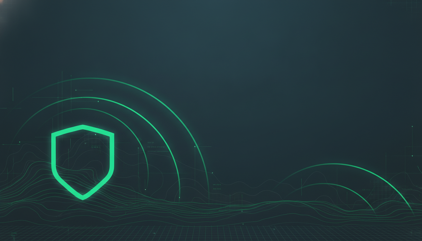 Rising signal arcs over layered terrain with a focal badge shape.
