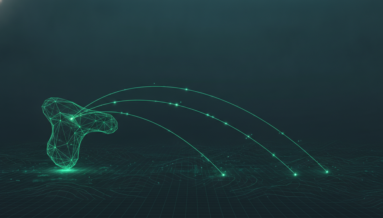Luminous emerald signal arcs rising over dark topographic terrain.