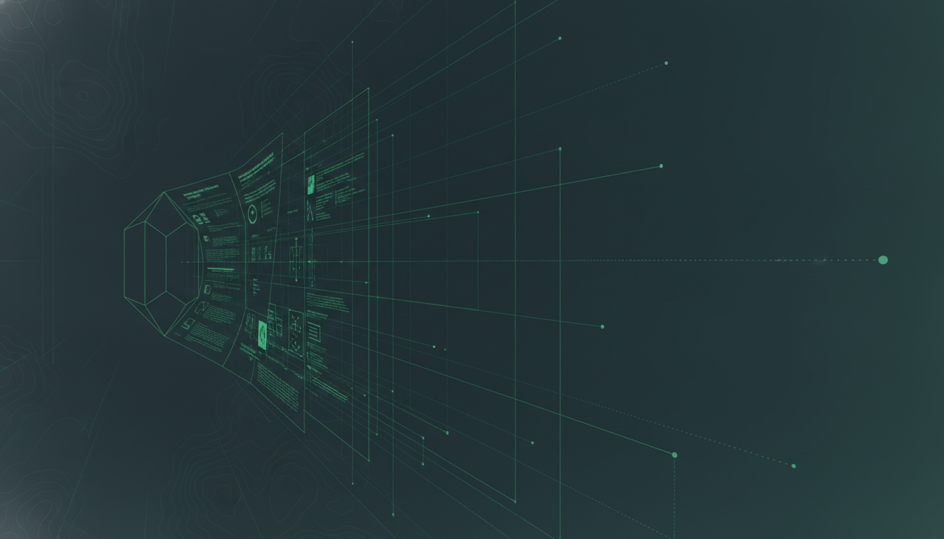 Document pages transforming into precise schematic linework and grids.