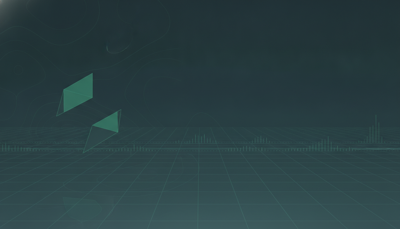 Horizontal ledger bands with ascending bar-like forms toward the horizon.