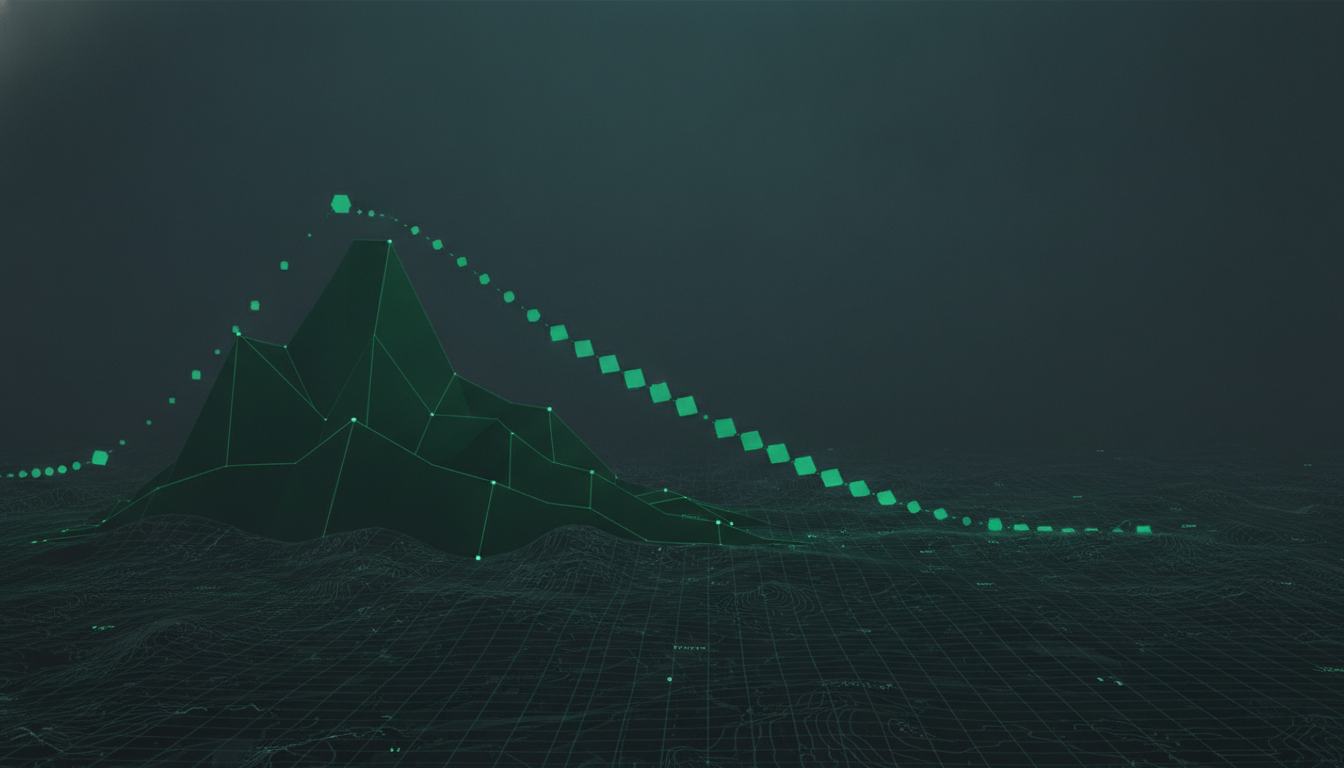 A glowing emerald queue of ascending forms over dark topographic terrain.