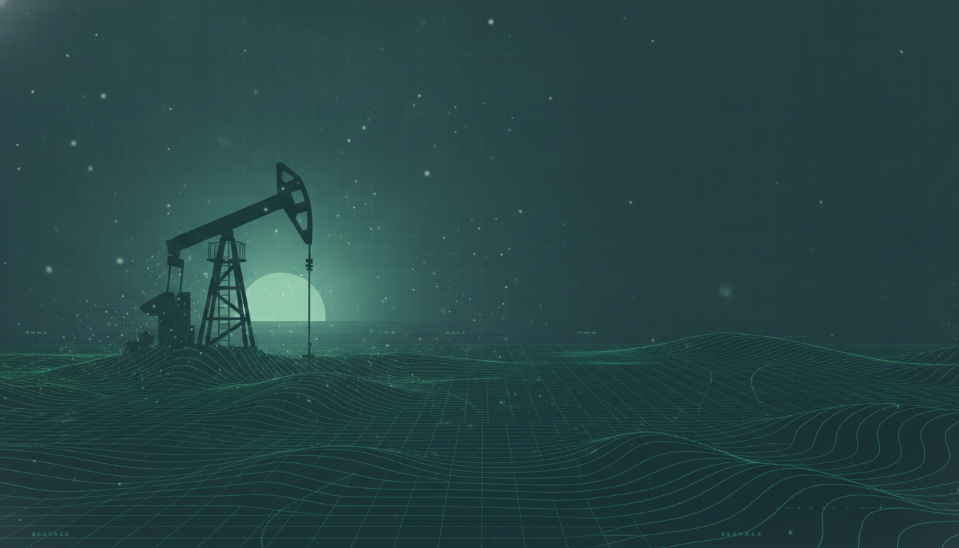 Pumpjack silhouette in falling snow over dark teal drifts and contours.